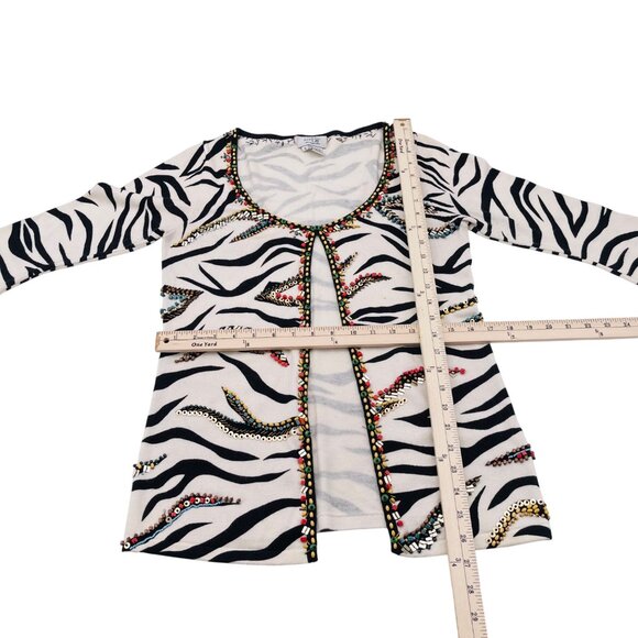 Zebra Print 3/4 Sleeve Cardigan Sweater With Beaded Trim Just B Size Small - Picture 3 of 4
